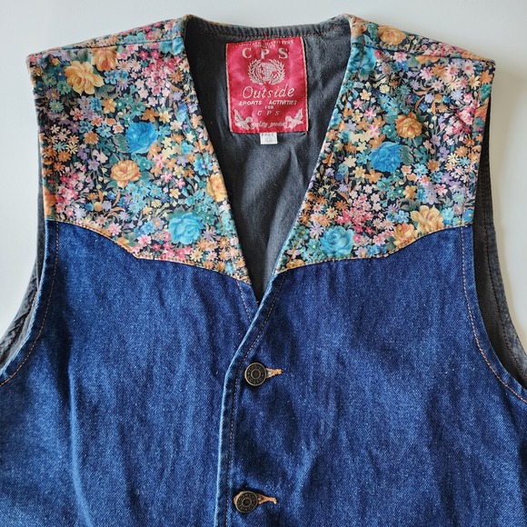CPS Denim Vest Womens Large Floral Western Cowgirl Rodeo 80s Cottagecore Country - Picture 2 of 16
